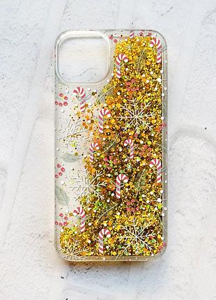Чохол із плаваючими блискітками на iphone 14 золотий :: новорічний фон (принт 199)