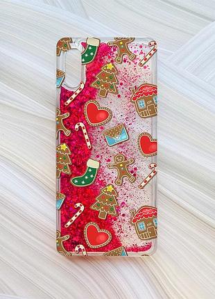 Чехол с плавающими блестками для xiaomi redmi 9a розовый рождественский фон (принт 181)