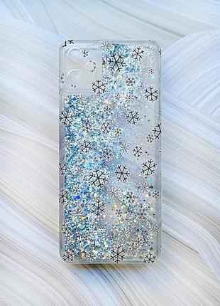 Чехол с плавающими блестками для samsung galaxy a05 (a055) серебристый фон снежинки (принт 204)