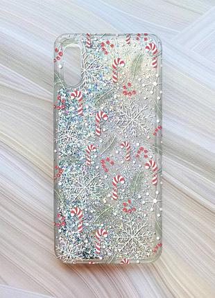 Чохол з плаваючими блискітками для xiaomi redmi 9a срібло новорічний фон (принт 199)