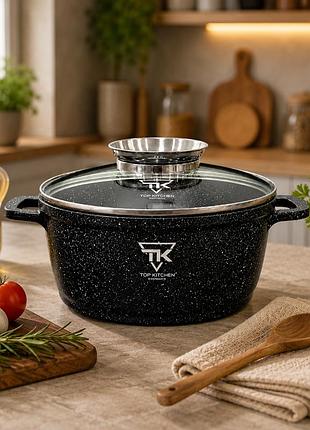Черная кастрюля top kitchen с мраморным покрытием и стеклянной крышкой tk00051 20 см 2,1л