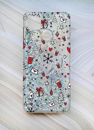 Чехол с плавающими блестками для xiaomi redmi 9c / 10a серебро новогодний фон (принт 182)