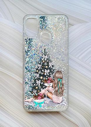 Чехол с плавающими блестками на samsung galaxy m30s/m21 серебристый девушка возле ёлки (принт 139)
