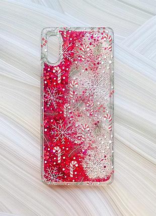 Чохол з плаваючими блискітками на xiaomi redmi 9a рожевий новорічний фон (принт 199)