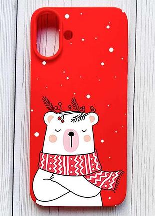 Матовый красный чехол на iphone 16 plus медведь в шарфе (принт 147)