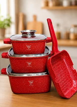 Красный набор посуды с гранитным покрытием top kitchen tk000103 3 кастрюли + сковорода-гриль