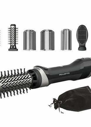 Фен-щітка rowenta renewal brush active, 1000вт, 3 режими, іоніз-я, хол. обдув, оберт. насадка, 5 насадок, кераміка, чорний