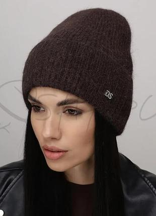 Шапка ангоровая женская удлиненная шапочка утепленная флисом с отворотом аккуратная leks конфетти шоколадный