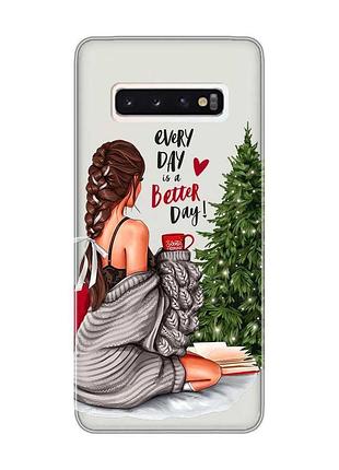 Прозорий чохол на samsung galaxy s10 дівчина біля ялинки (новорічний принт 186)