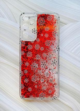 Чехол с плавающими блестками для samsung galaxy a05s (a057) красный фон снежинки (принт 204)