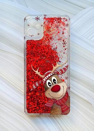 Чехол с плавающими блестками для samsung galaxy a05 (a055) красный зимний олень (принт 149)