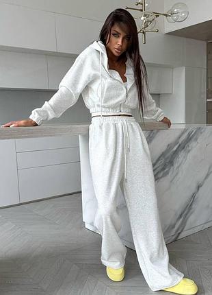 Женский спортивный костюм-тройка с корсетом, кофтой oversize и широкими брюками меланж, 42/46