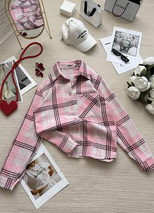 Женская теплая рубашка в клетку из байки oversize, размеры 42/46-48/52 розовый, 48/52