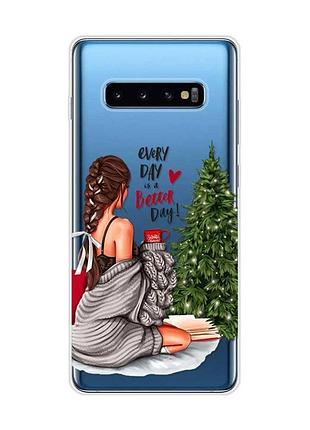 Прозорий чохол на samsung galaxy s10 plus :: дівчина біля ялинки (новорічний принт 186)