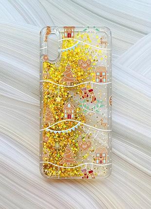 Чехол с плавающими блестками для xiaomi redmi 9a золотой фон рождество (принт 201)