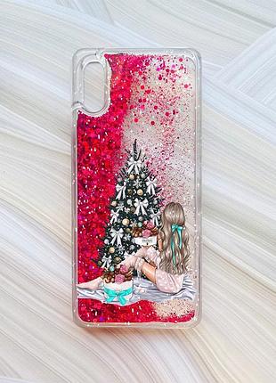 Чехол с плавающими блестками на xiaomi redmi 9a розовый девушка возле ёлки (принт 139)