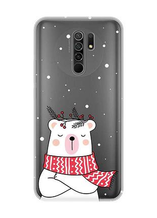 Прозрачный чехол на xiaomi redmi 9 медведь в шарфе (новогодний принт 147)