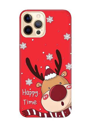 Матовый красный чехол на iphone 12 pro max зимний оленёнок (принт 155)