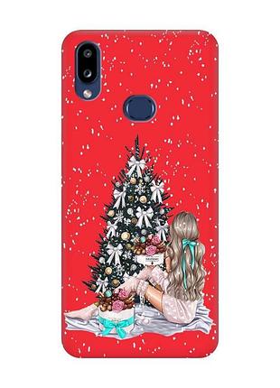 Матовый красный чехол на samsung galaxy a10ѕ a107 :: девушка возле ёлки (принт 139)