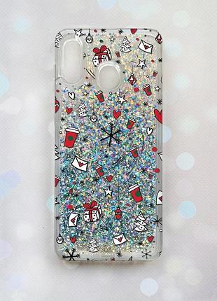 Чехол с плавающими блестками на samsung galaxy а30(2019) а305/a20 серебро :: новогодний фон (принт 182)