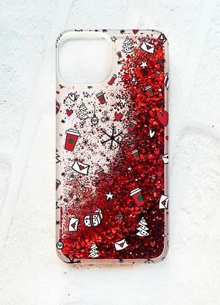 Чохол із плаваючими блискітками на iphone 14 червоний :: новорічний фон (принт 182)