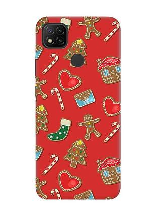 Матовый красный чехол на xiaomi redmi 9c / 10a рождественский фон (новогодний принт 181)