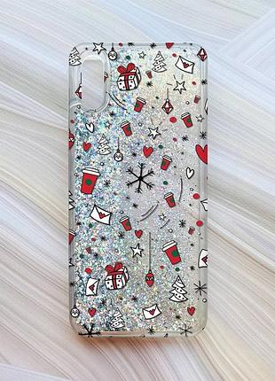 Чехол с плавающими блестками для xiaomi redmi 9a серебристый новогодний фон (принт 182)