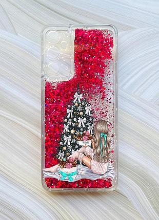 Чехол с плавающими блестками на samsung galaxy a05s (a057) розовый девушка возле ёлки (принт 139)