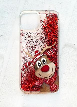 Чехол с плавающими блестками на iphone 13 :: красный :: зимний олень (принт 149)