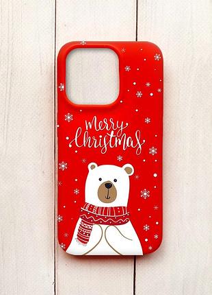 Матовый чехол на iphone 15 pro красный мишка. с рождеством (принт 146)