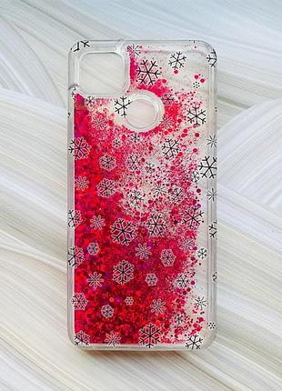 Чехол с плавающими блестками для xiaomi redmi 9c / 10a розовый фон снежинки (принт 204)