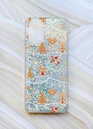 Чохол з плаваючими блискітками для xiaomi redmi note 10/note 10s сріблястий фон різдво (принт 201)