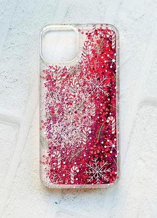 Чехол с плавающими блестками на iphone 14 розовый новогодний фон (принт 199)