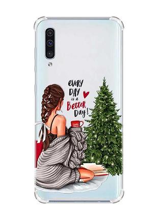 Чехол с утолщёнными углами на samsung galaxy а50 (2019) а505 :: девушка возле ёлки (принт 186)