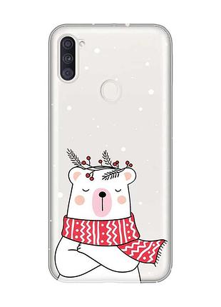 Прозрачный чехол на samsung galaxy a11 медведь в шарфе (новогодний принт 147)