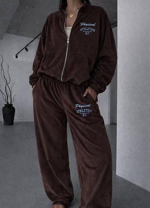 Жіночий велюровий спортивний костюм з вишивкою oversize на блискавці прогулянковий комплект велюр спорт 42/44 46/48