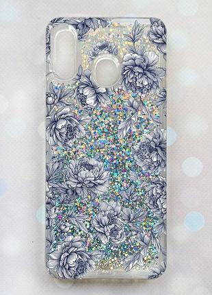 Чохол з плаваючими срібними блискітками на samsung galaxy a30(2019) a305/a20 нічні квіти (принт 432)
