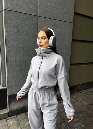 Женский теплый флисовый комбинезон oversize с широкими брюками палаццо и воротником 42/46 48/50 сірий, 48/50