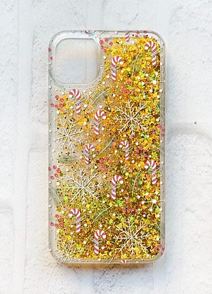 Чехол с плавающими блестками на iphone 11 :: золотой :: новогодний фон (принт 199)