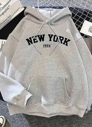 Жіноче утеплене худі oversize на флісі з капюшоном і написом new york