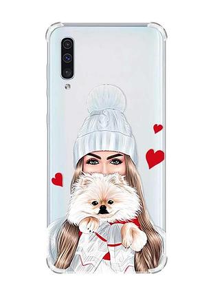 Чехол с утолщёнными углами на samsung galaxy а50 (2019) а505 :: девушка с собачкой (принт 142)