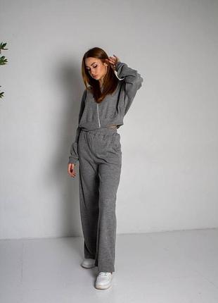 Женский костюм oversize из рубчика - кофта на молнии и широкие брюки сірий, 42/46