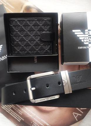 Чоловічий шкіряний подарунковий набір armani ремінь і гаманець чорні