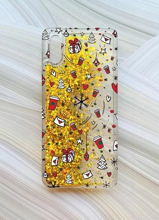Чехол с плавающими блестками для xiaomi redmi 9a золотой новогодний фон (принт 182)