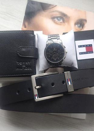 Мужской подарочный набор часов, кожаный ремень и кошелек black/silver