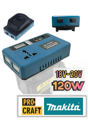 Інвертор для акумуляторів makita 18v - 220v 120w з usb розеткою адаптер перетворювач акумулятора, procraft 18v інвертор для макіти з ліхтариком 220