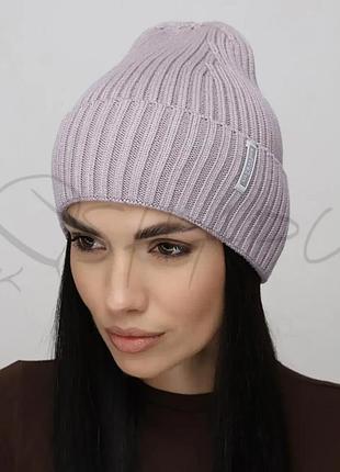 Шапка жіноча вовняна з додаванням кашеміру одинарна в широкий рубчик leks талісман лаванда