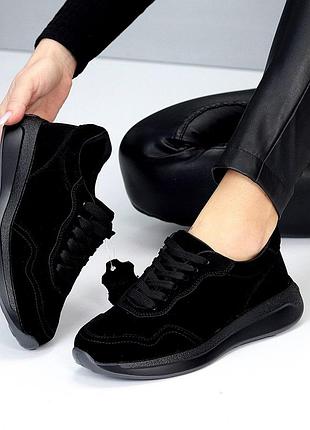 Удобные замшевые женские черные кроссовки осенние натуральная замша весна осень