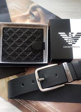 Чоловічий чорний шкіряний подарунковий набір armani ремінь і гаманець