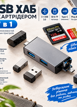 Usb-хаб 7 в 1 з картрідером sd/tf, usb 3.0, type-c